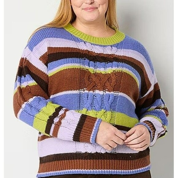 St John's Bay Womens Crew Neck Cable Knit Pullover Sweater Size 1X, Multi Stripe - Picture 2 of 7